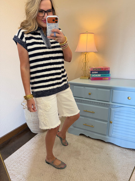 Navy & White Striped Sweater Vest Top