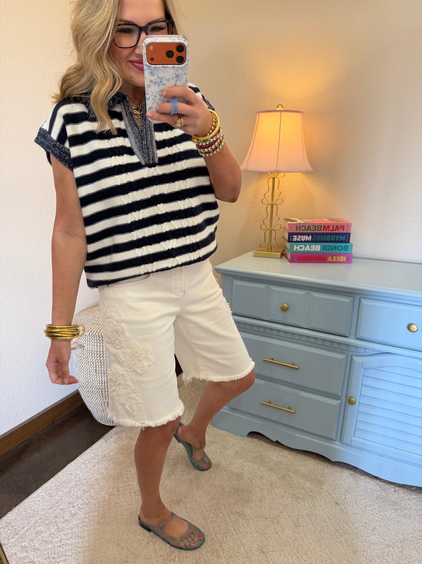 Risen Cream Slouchy Relaxed Floral Bermuda Shorts