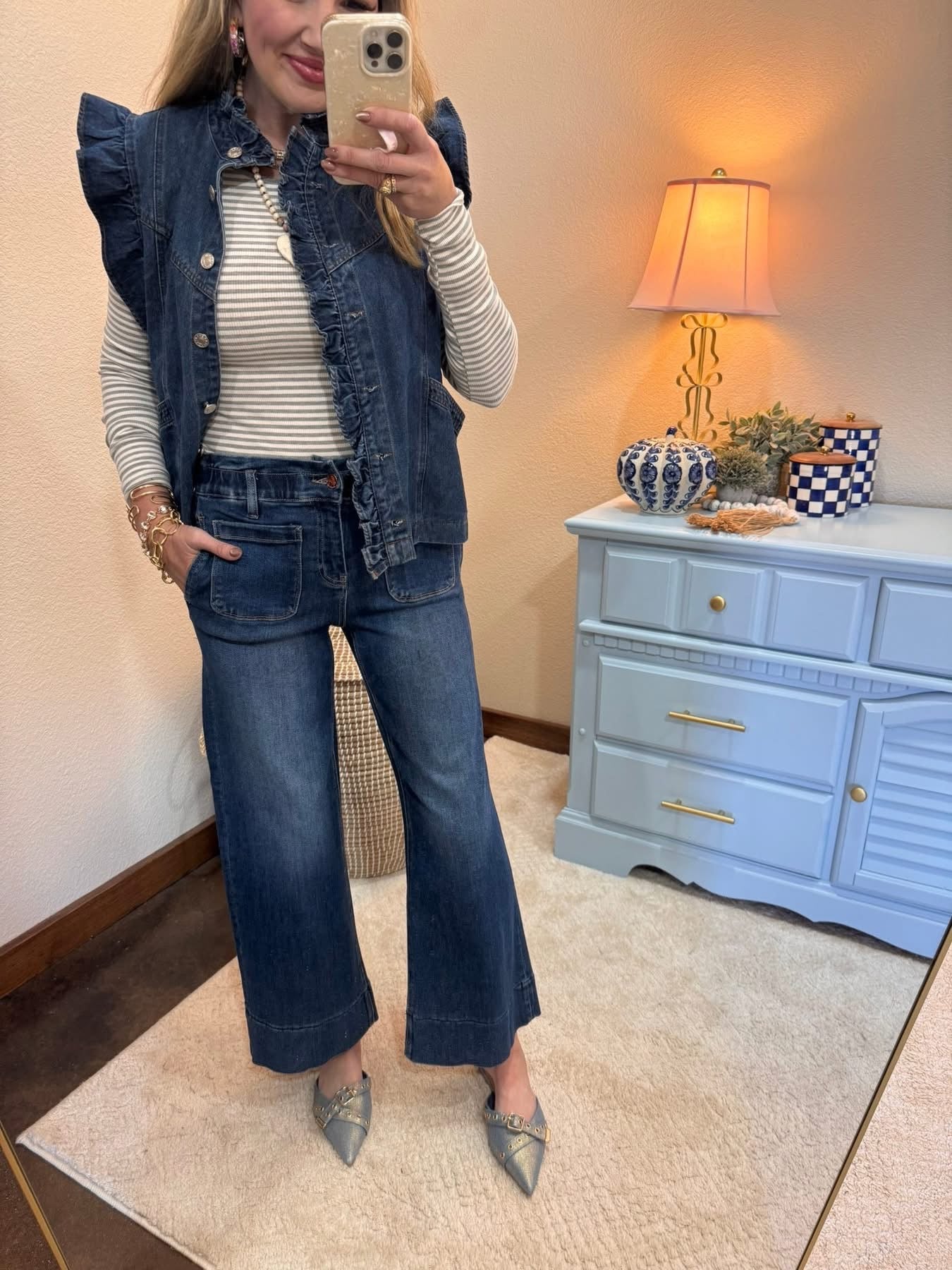 Gray & White Striped Ribbed Crop Long Sleeve Top