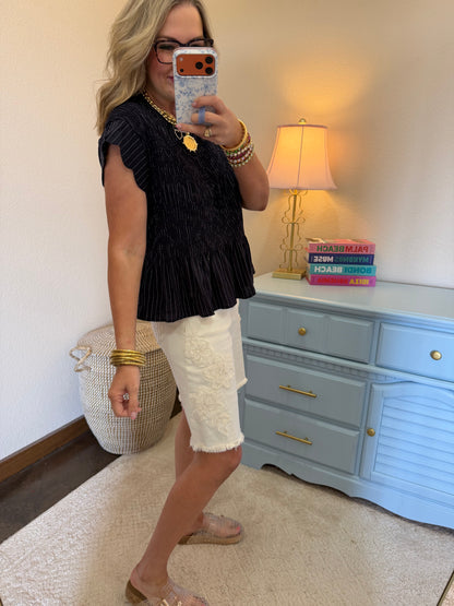 Risen Cream Slouchy Relaxed Floral Bermuda Shorts