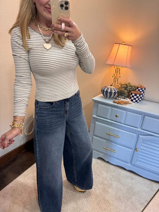 Gray & White Striped Ribbed Crop Long Sleeve Top