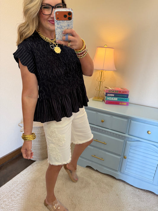 Navy Scalloped Sleeve Smocked Top