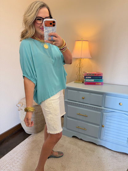 Dusty Teal Elastic Arm Dolman Short Sleeve