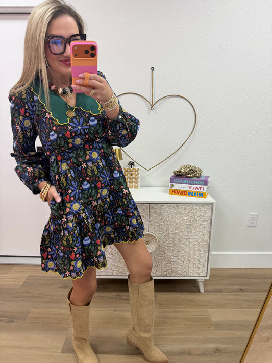 Black Floral Butterfly Collared Dress