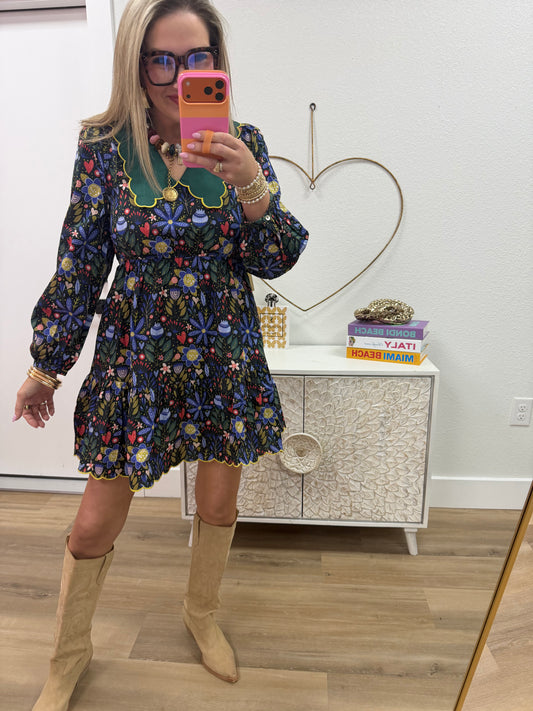 Black Floral Butterfly Collared Dress
