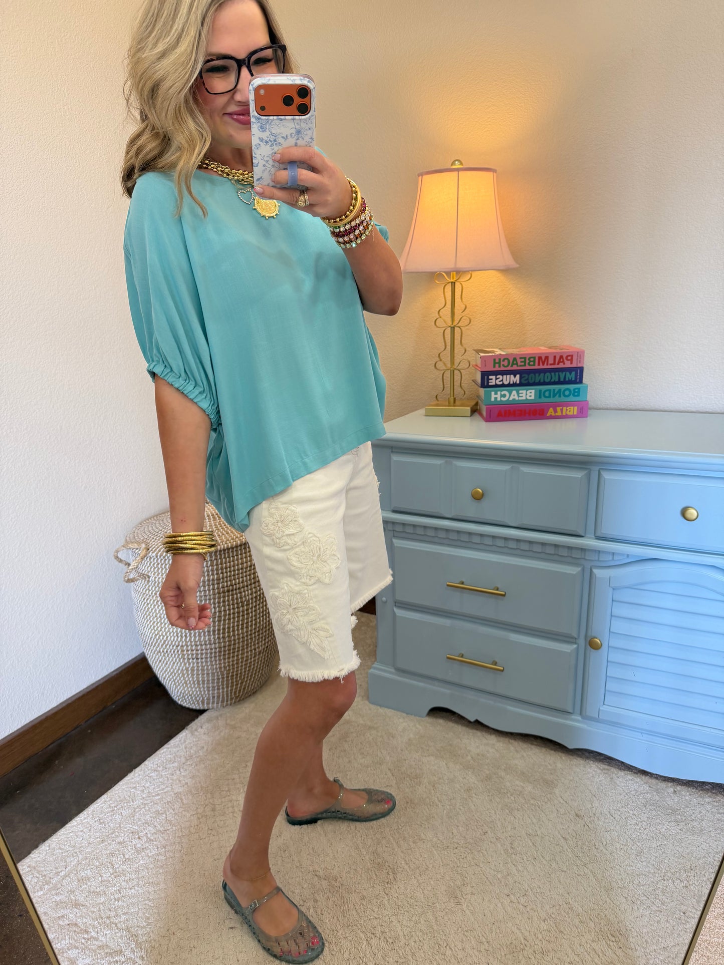 Dusty Teal Elastic Arm Dolman Short Sleeve