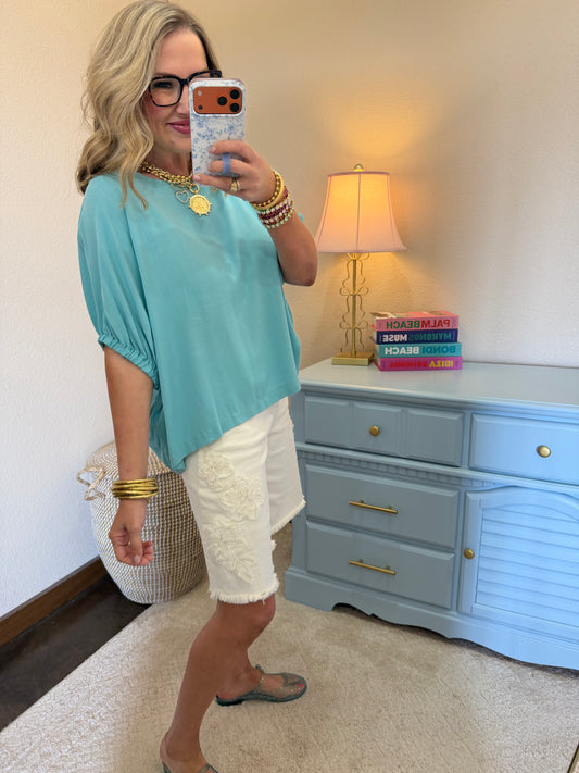Dusty Teal Elastic Arm Dolman Short Sleeve