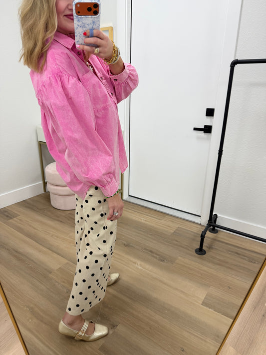 Pink Mineral Washed Button Down Shirt