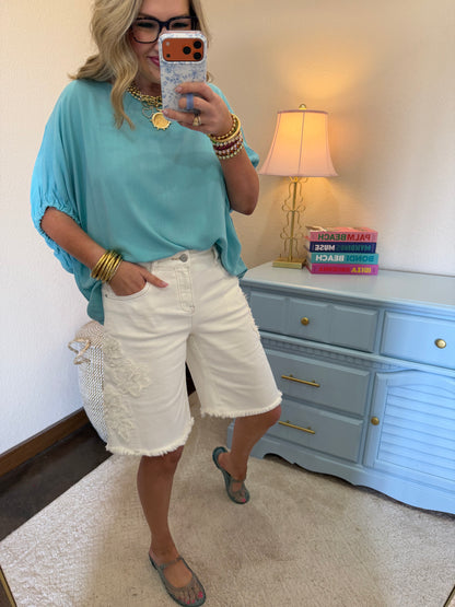 Dusty Teal Elastic Arm Dolman Short Sleeve