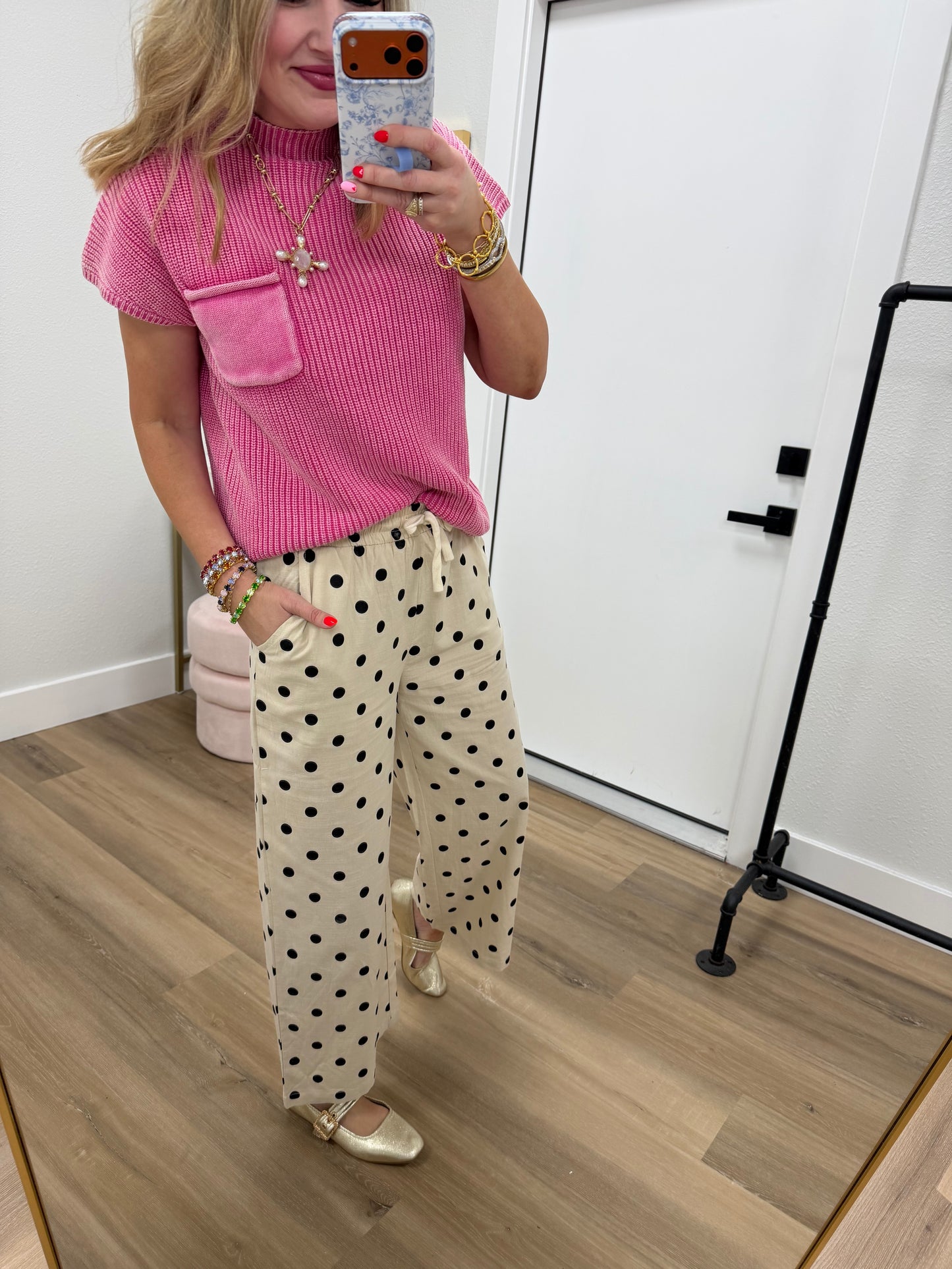 Oatmeal Polkadot Elastic Waist Pants