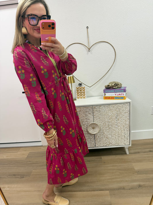 Magenta Floral Midi Dress With Neckline Accent