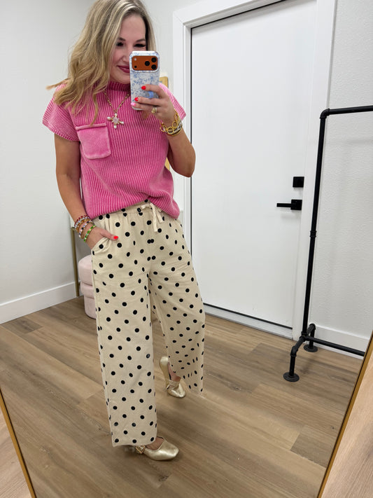 Oatmeal Polkadot Elastic Waist Pants