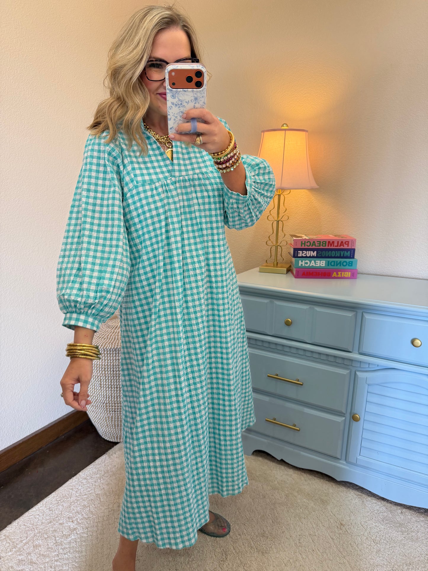 aqua v neck midi dress Adrienne Layla Aqua Gingham High Ruffle Collar Midi Dress