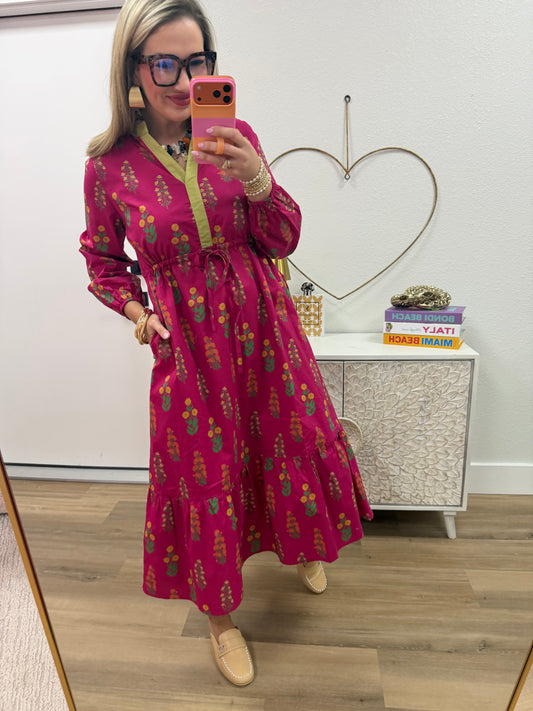 Magenta Floral Midi Dress With Neckline Accent