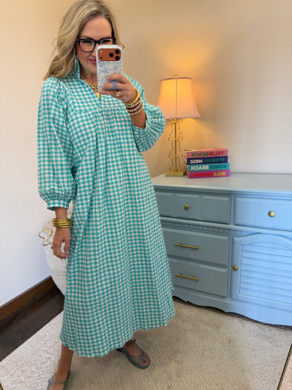 Adrienne Layla Aqua High Ruffle Collar V Neck Midi Dress