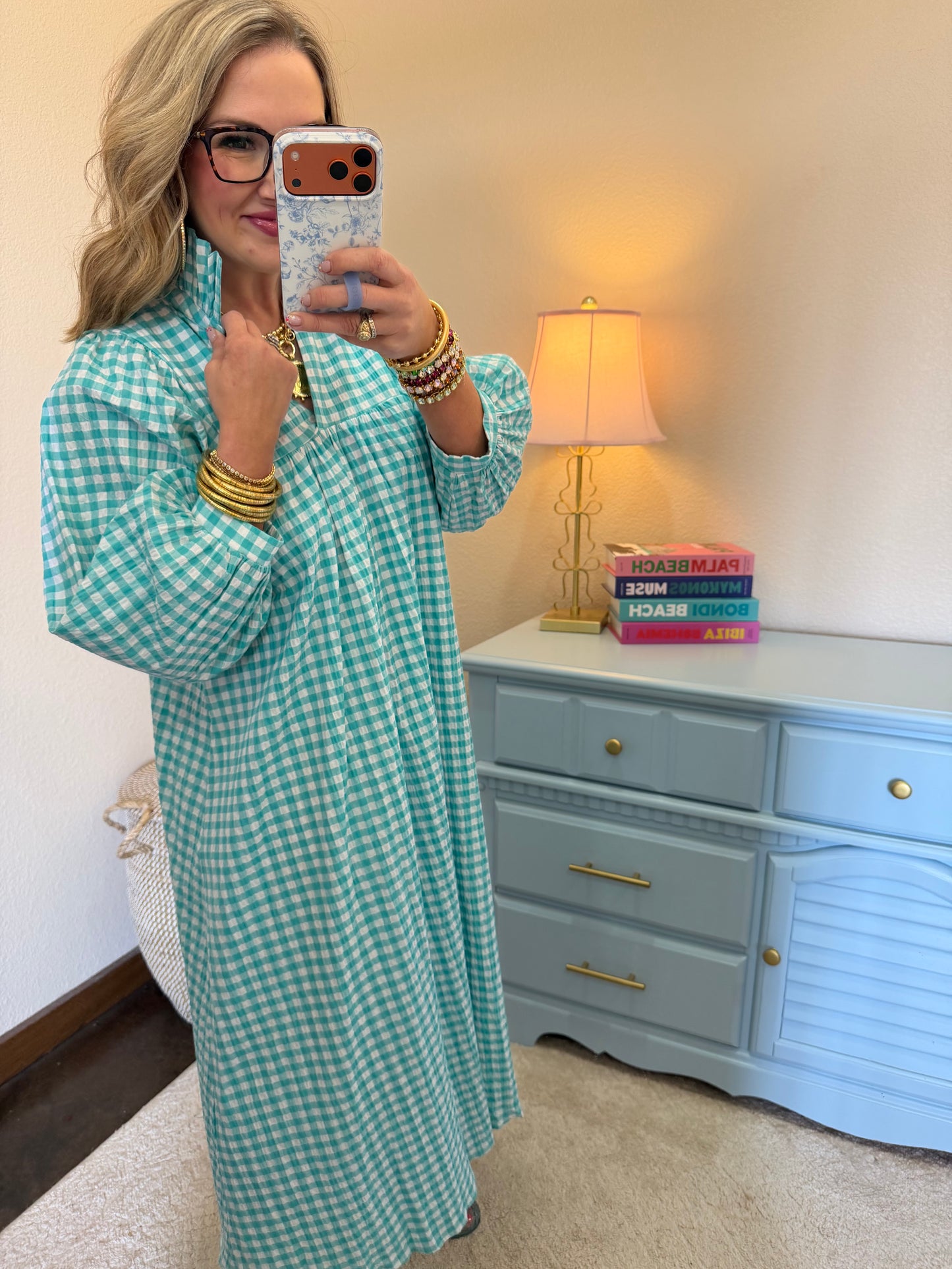 Adrienne Layla Aqua Gingham High Ruffle Collar Midi Dress