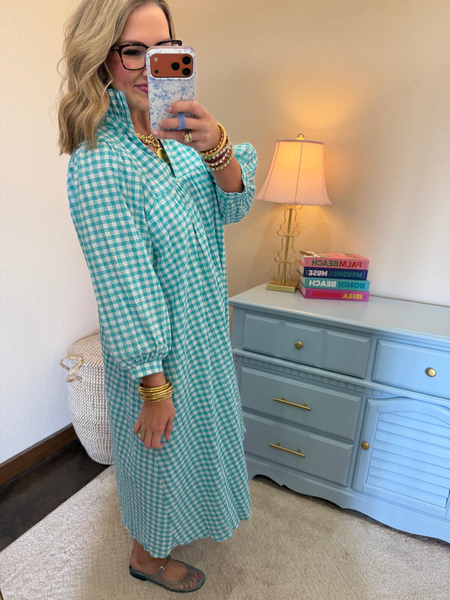 Adrienne Layla Aqua High Ruffle Collar V Neck Midi Dress