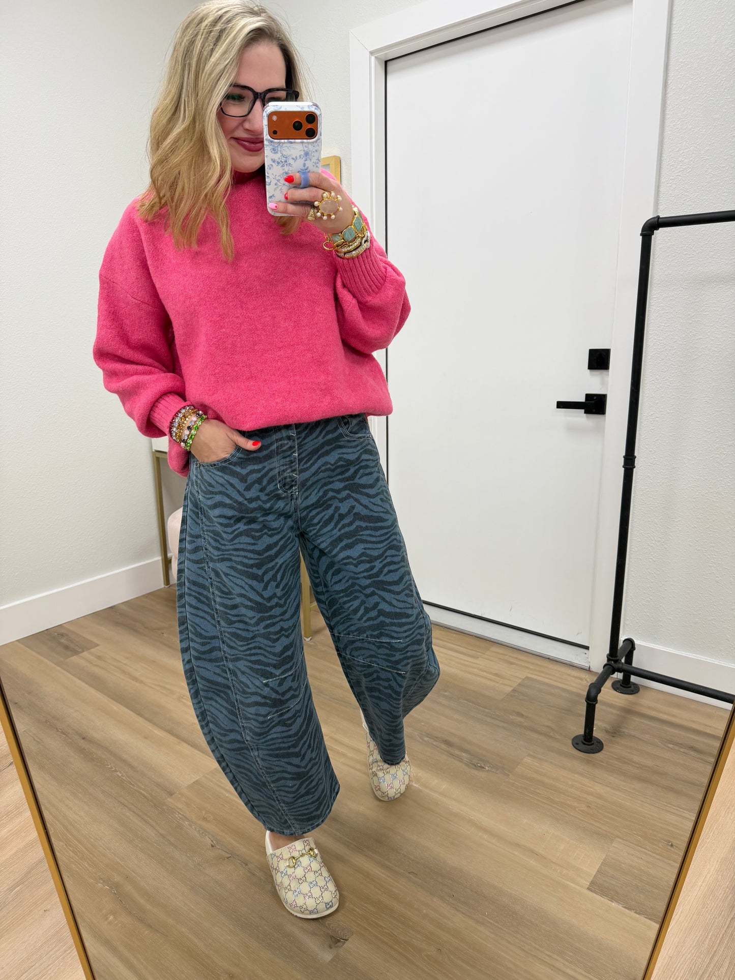 Denim Zebra Print Barrel Jeans