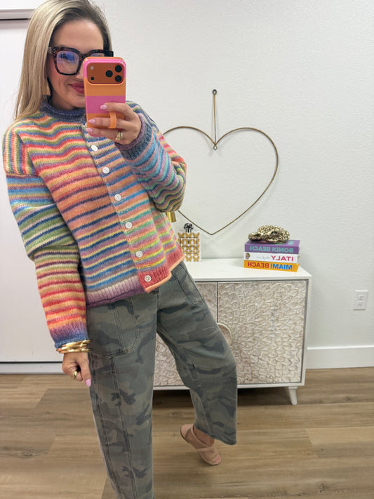 Rainbow Multi Color Button Up Cardigan