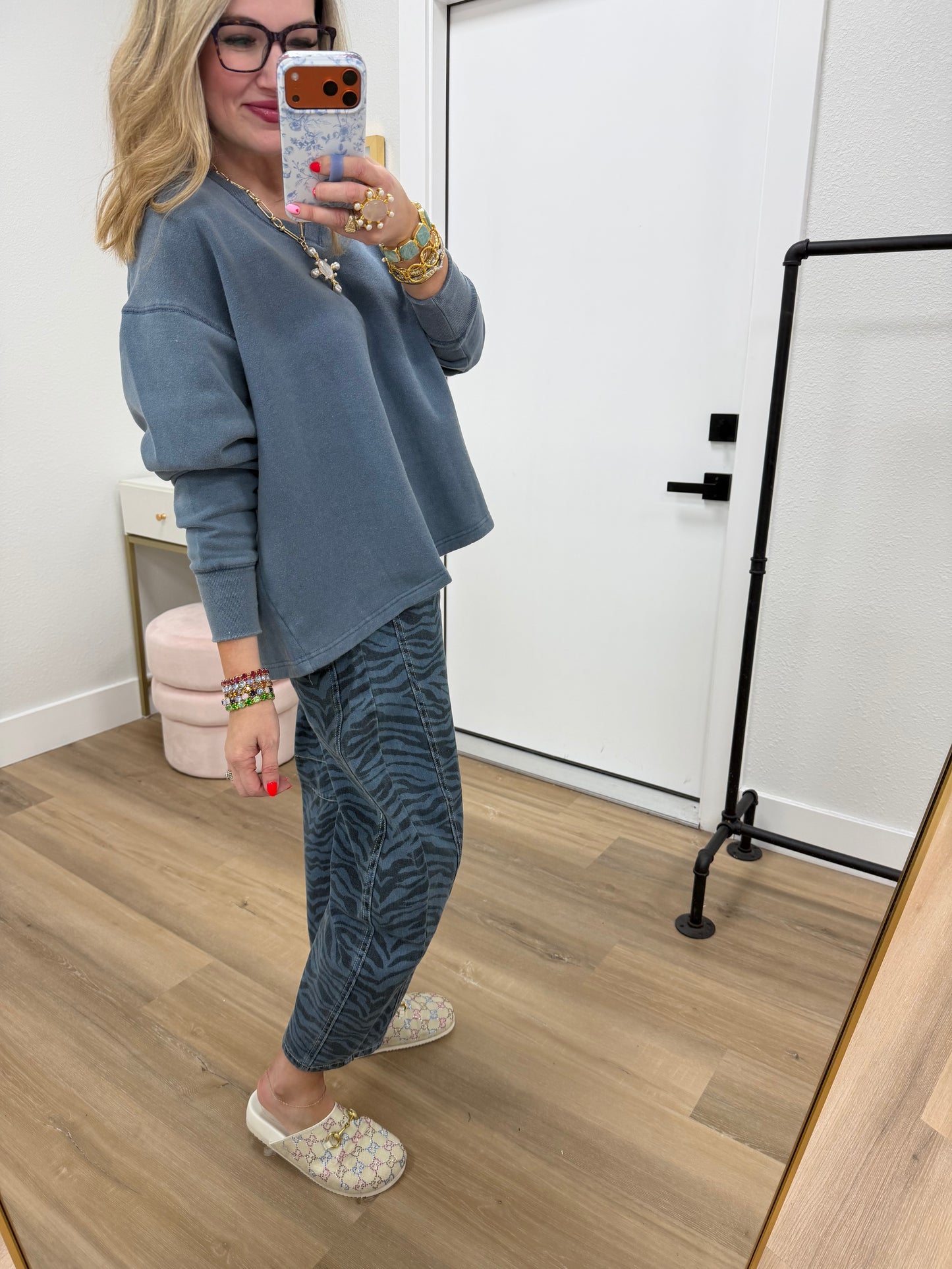 Blue Over-sized V neck Flowy Pullover Top