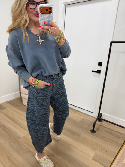 Denim Zebra Print Barrel Jeans