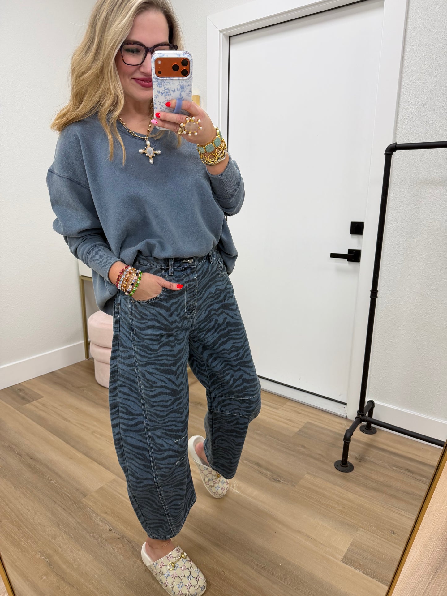 Blue Over-sized V neck Flowy Pullover Top