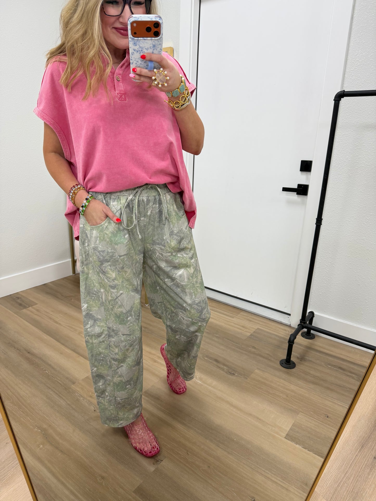 Olive Mix Print Casual Knit Barrel Pants