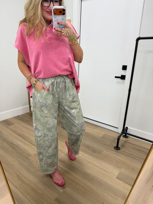 Olive Mix Print Casual Knit Barrel Pants