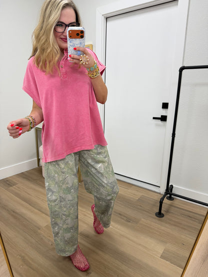 Olive Camo Print Casual Knit Barrel Pants