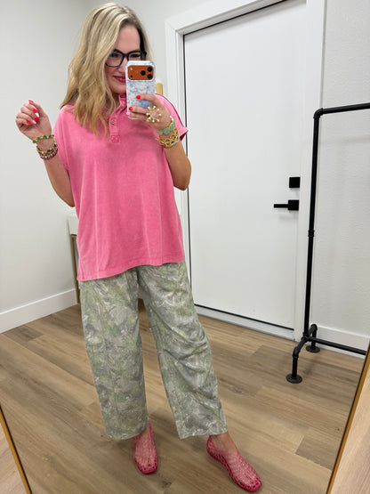 Olive Camo Print Casual Knit Barrel Pants