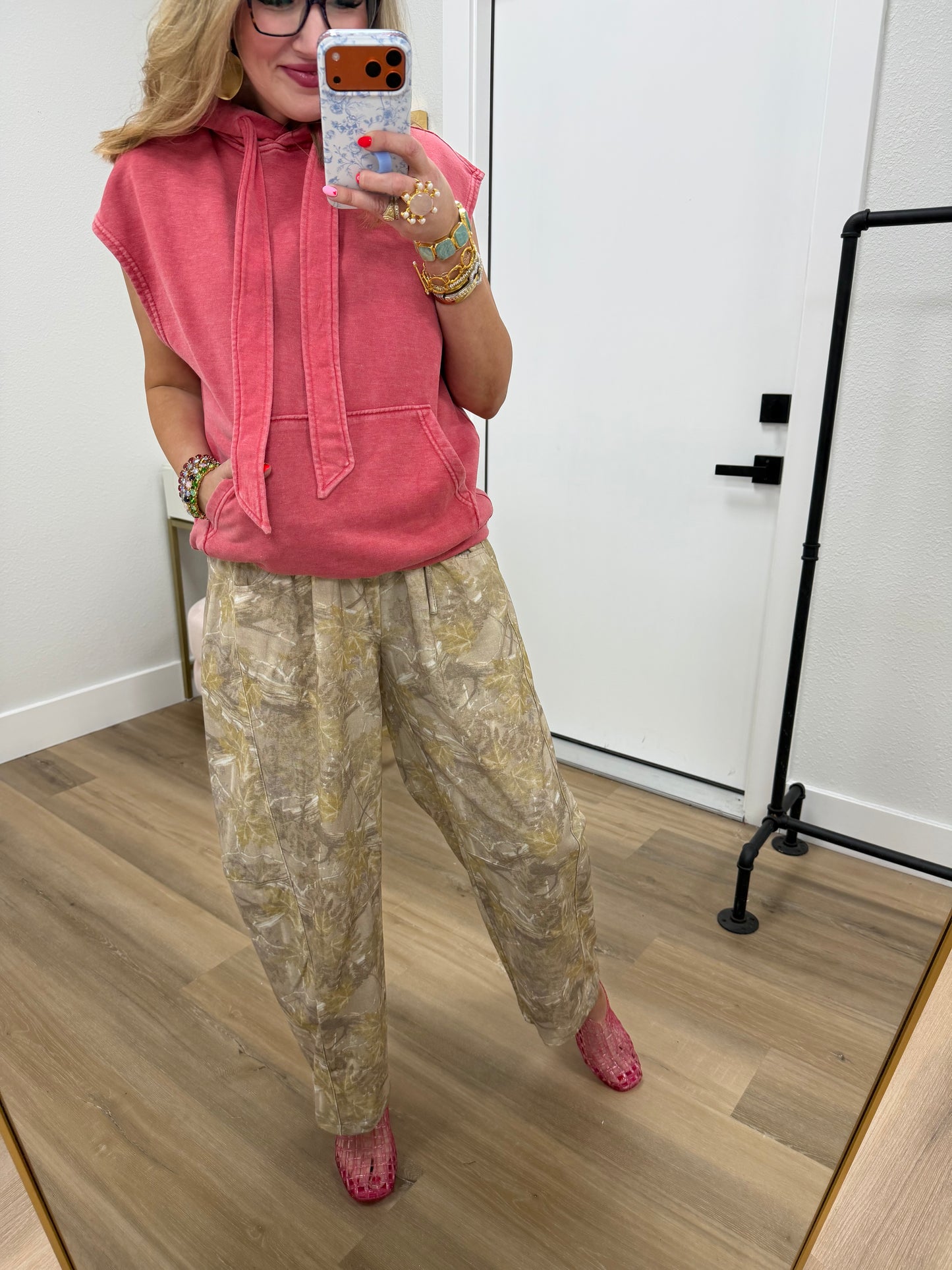 Taupe Camo Print Casual Knit Barrel Pants FS