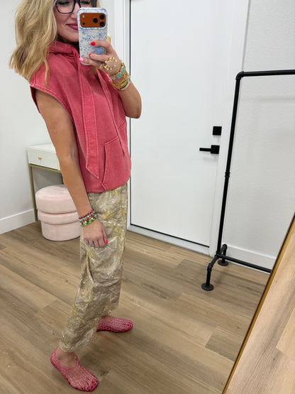 Taupe Camo Print Casual Knit Barrel Pants FS