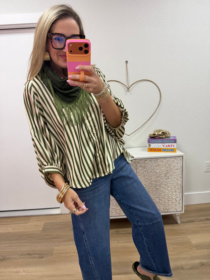 Olive Stripe Wide Puff Sleeve Button-down Shirt