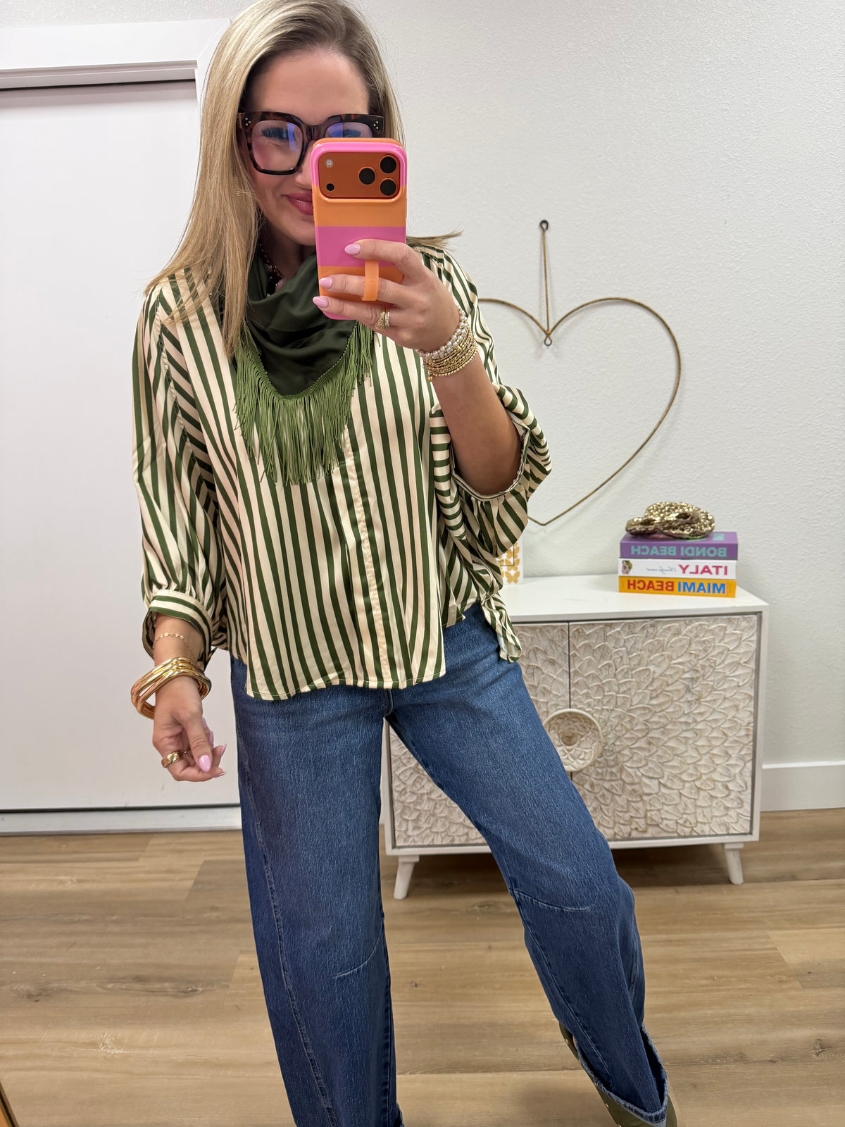 Olive Stripe Wide Puff Sleeve Button-down Shirt