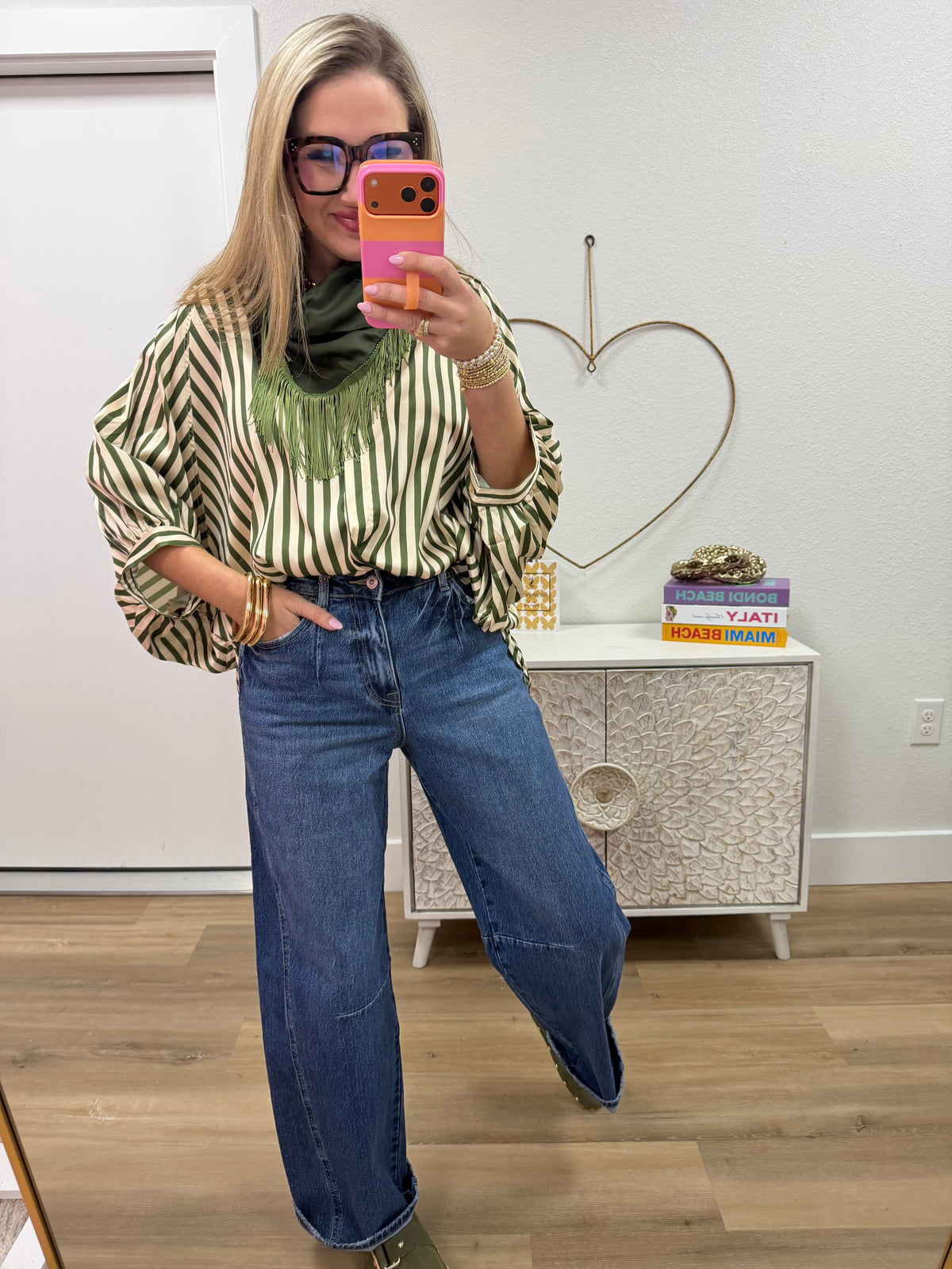 Olive Stripe Wide Puff Sleeve Button-down Shirt