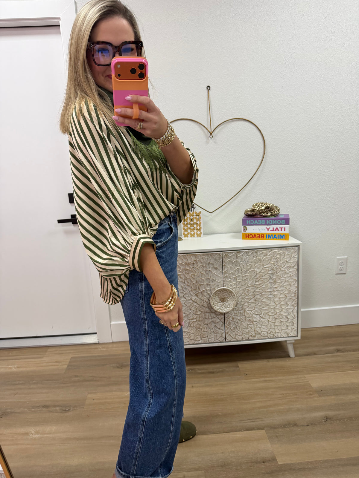 Olive Stripe Wide Puff Sleeve Button-down Shirt