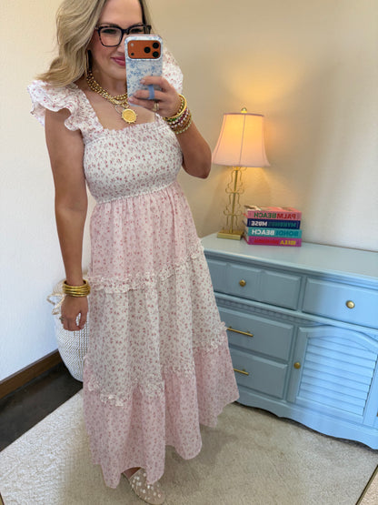 Light Pink Flower Print Smocking Top With Ruffle Sleeve Dress