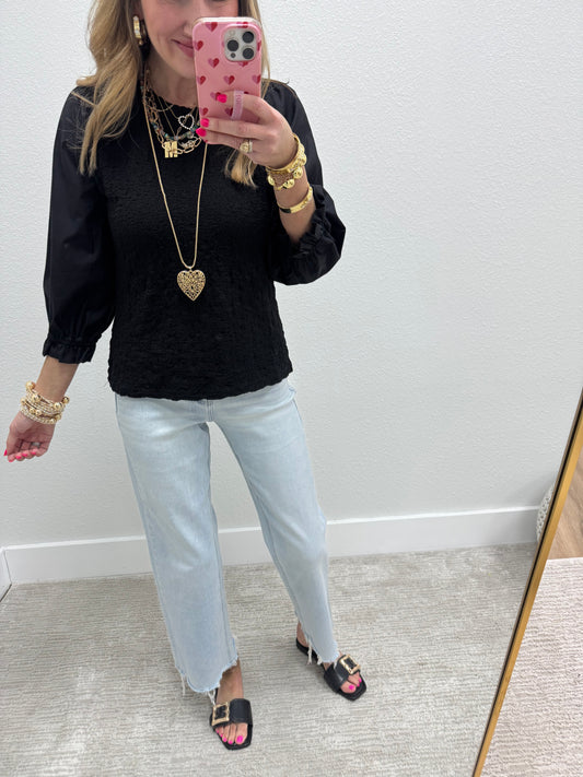 Solid Black Smocked Front Puff Sleeve Top