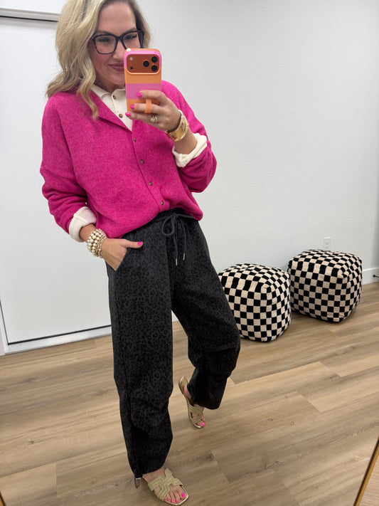 Hot Pink Collared Button Down Cardigan Sweater