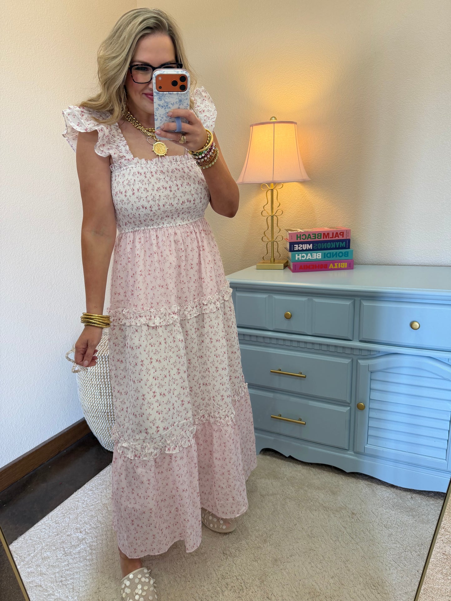 Light Pink Flower Print Smocking Top With Ruffle Sleeve Dress
