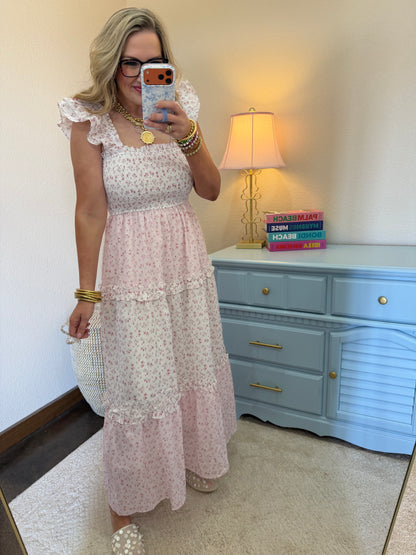 Light Pink Flower Print Smocking Top With Ruffle Sleeve Dress