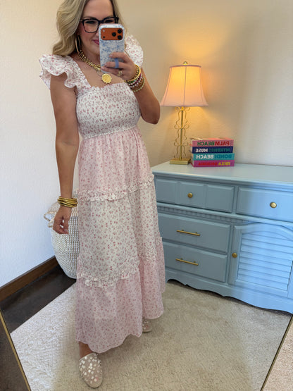 Light Pink Flower Print Smocking Top With Ruffle Sleeve Dress