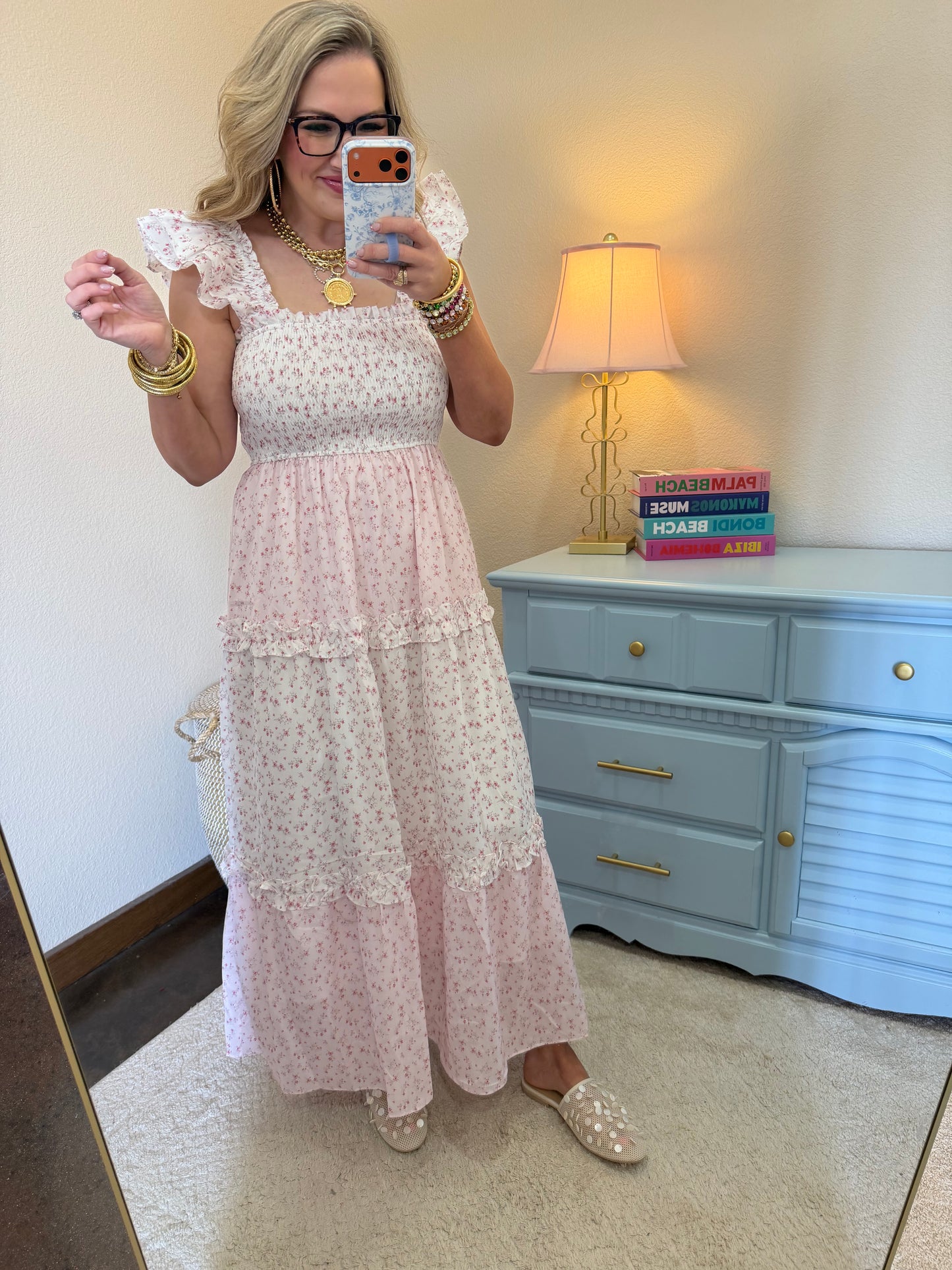 Light Pink Flower Print Smocking Top With Ruffle Sleeve Dress