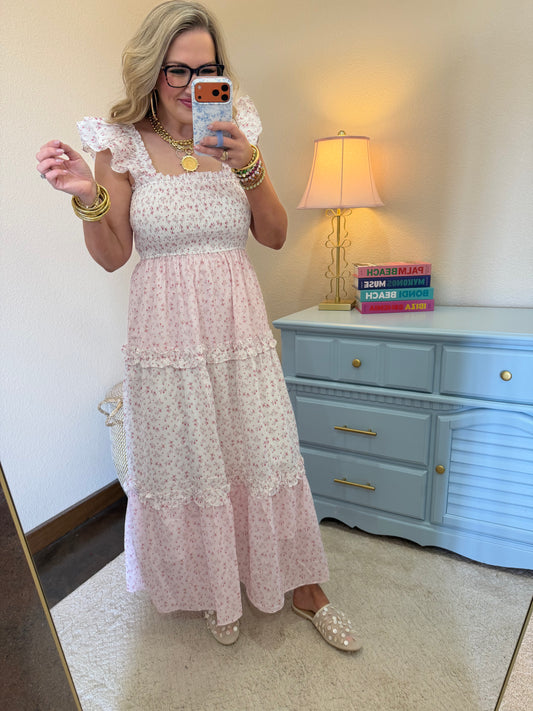 Light Pink Flower Print Smocking Top With Ruffle Sleeve Dress