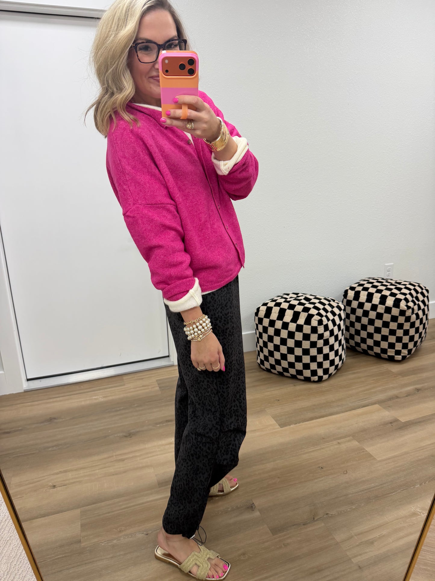 Hot Pink Collared Button Down Cardigan Sweater