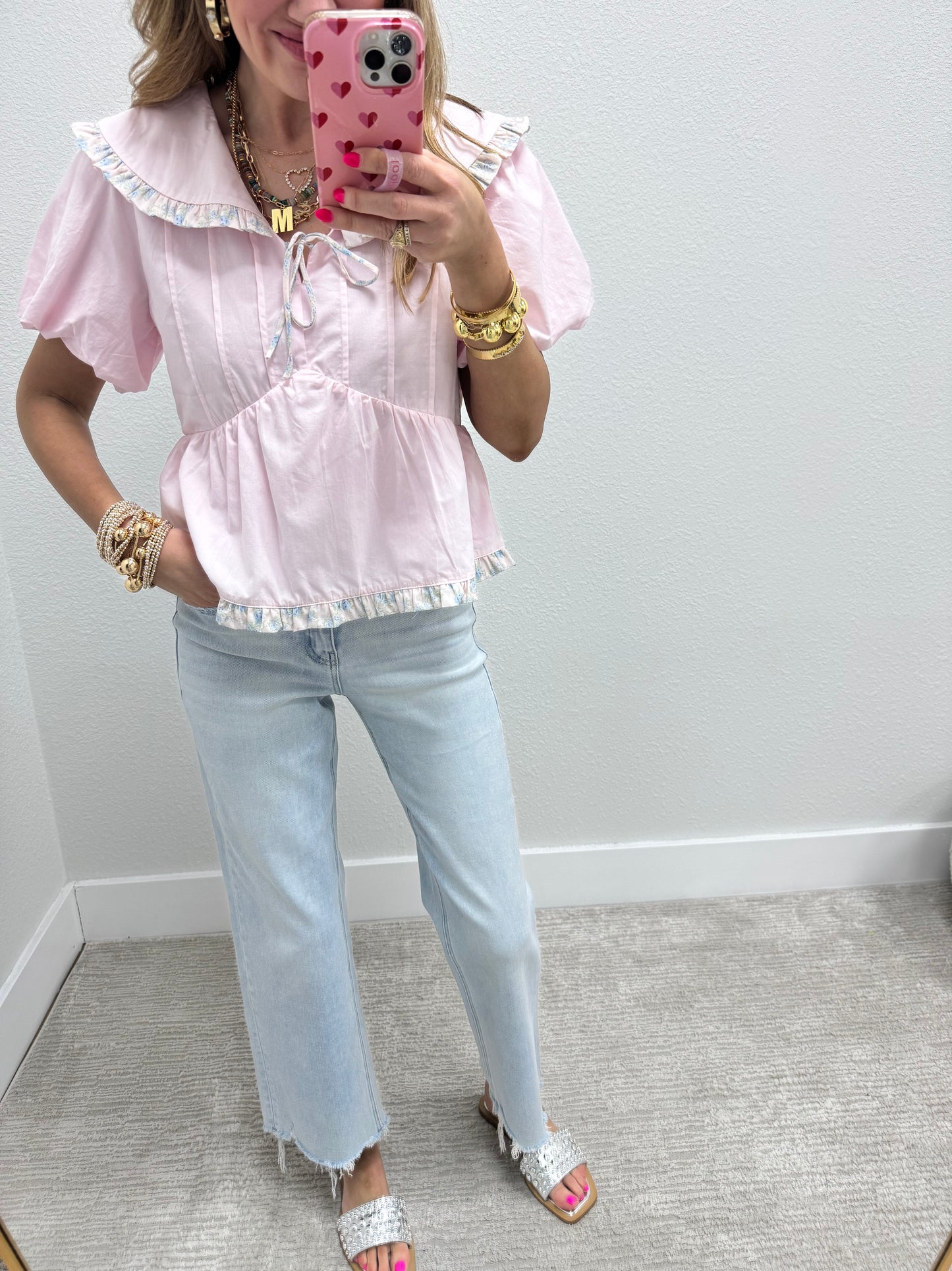 Pink Multi Floral Tie Collared Neck Top