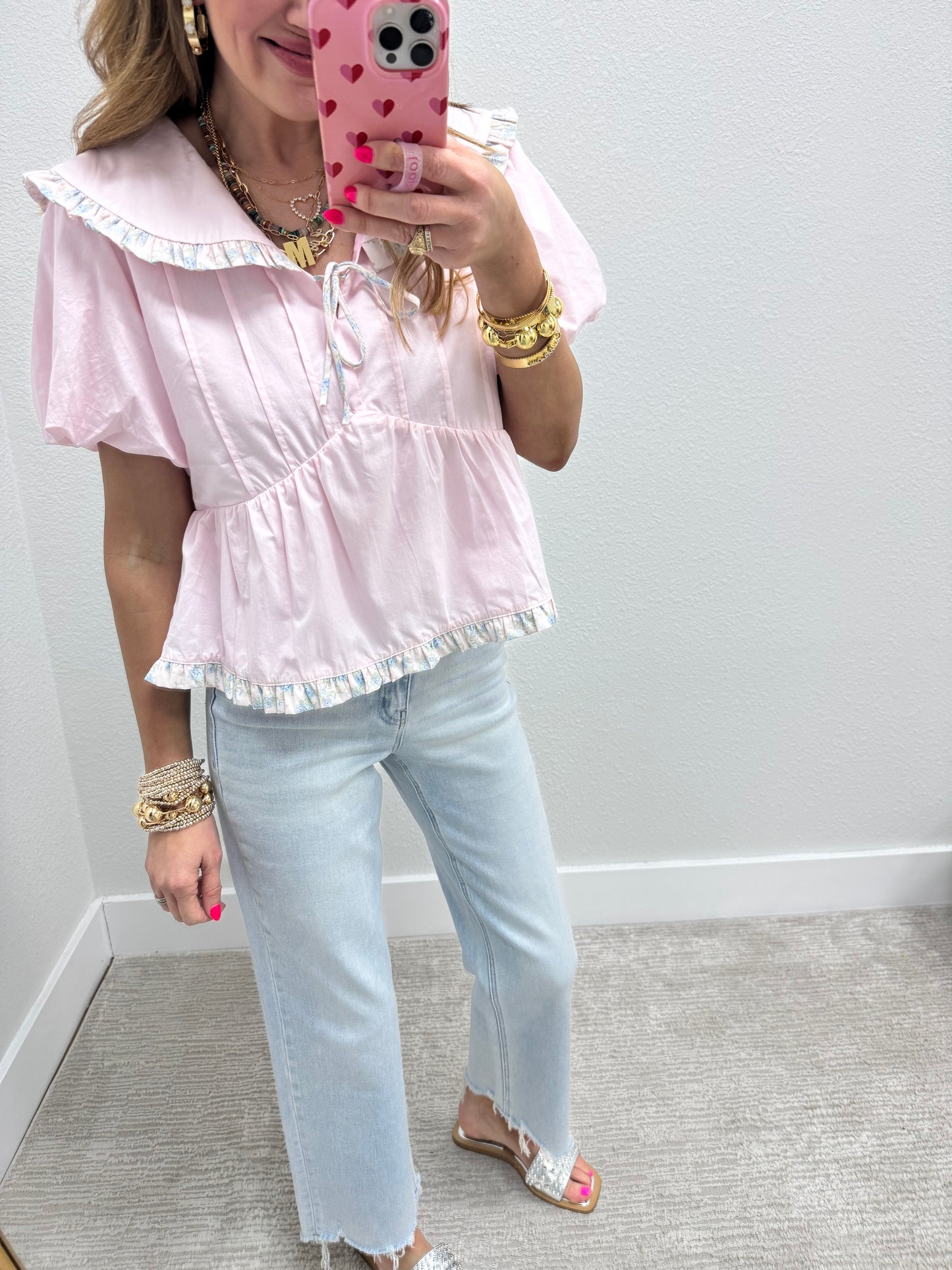 Pink Multi Floral Tie Collared Neck Top