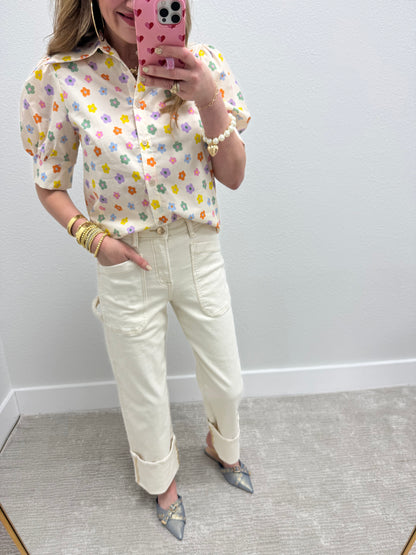 Risen Ivory High Rise Wide Straight Turn Up Cuff Pants FS