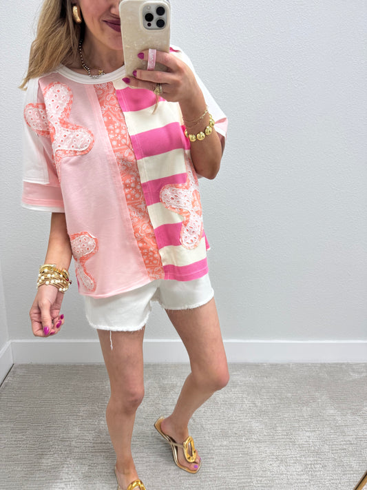 Pink and Off White Flower Patch Detailed Top