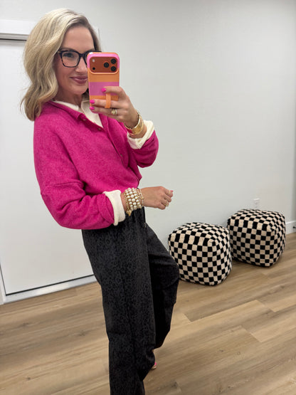 Hot Pink Collared Button Down Cardigan Sweater
